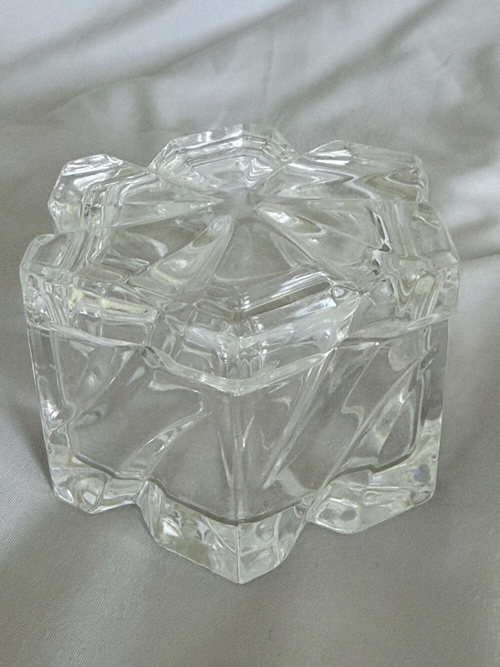 Vintage Heavy Cut Clear Glass Trinket Box Star Pattern